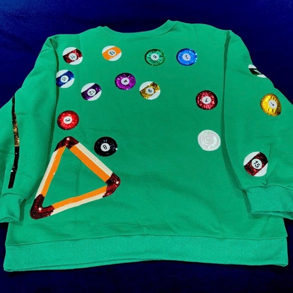 🎱NWOT Queen Of Sparkles M (Oversized) Sequined Green Pool Table Sweatshirt EUC - Picture 4 of 7